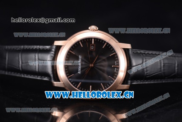 Audemars Piguet Jules Audemars Clone AP Calibre 3120 Automatic Rose Gold Case with Black Dial Black Leather Strap and Stick Markers (EF) - Click Image to Close